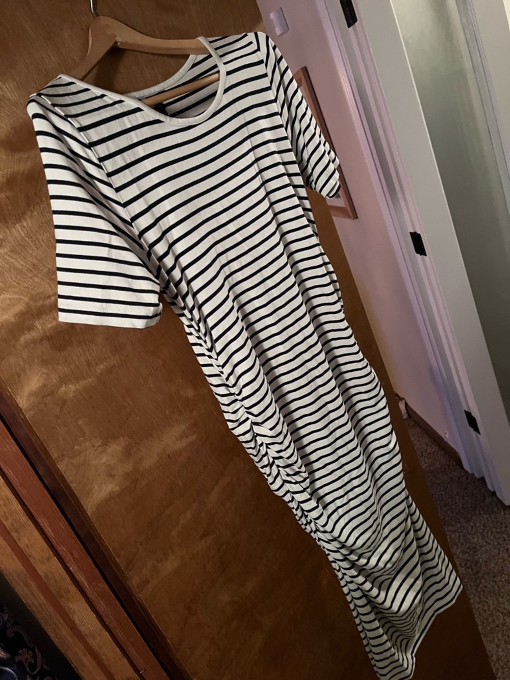 Comfy & Polished Anise Navy Striped Midi Maternity Dress